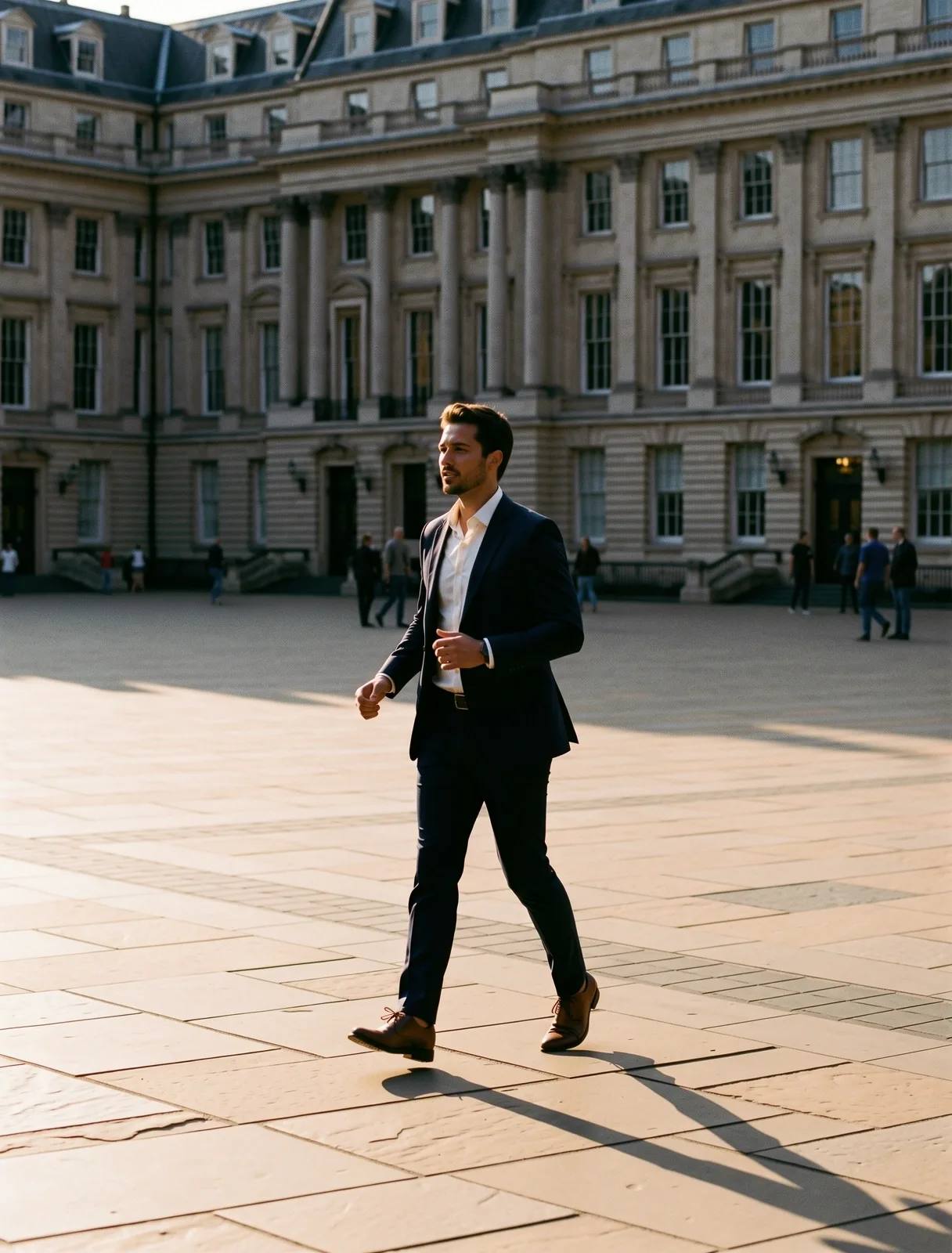Professional in motion within an urban environment